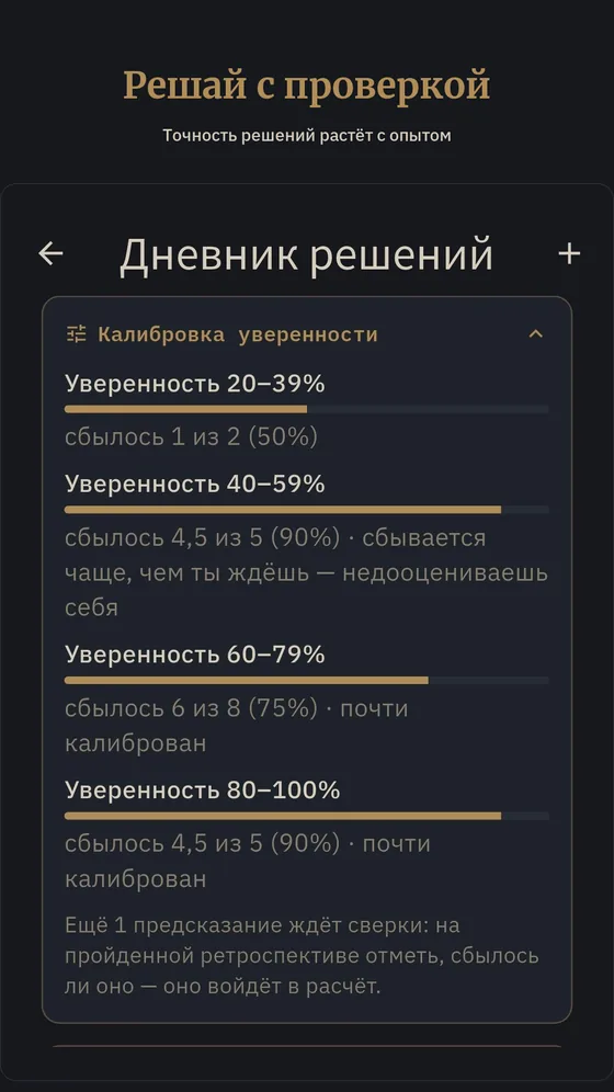 Экран «Калибровка уверенности»: точность решений по уровням уверенности